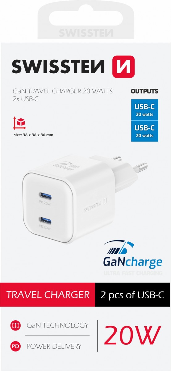Levně Adaptér Swissten Gan 2x USB-C 20W s funkcí rychlonabíjení bílý
