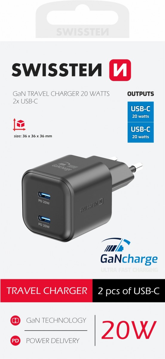 Levně Adaptér Swissten Gan 2x USB-C 20W s funkcí rychlonabíjení černý