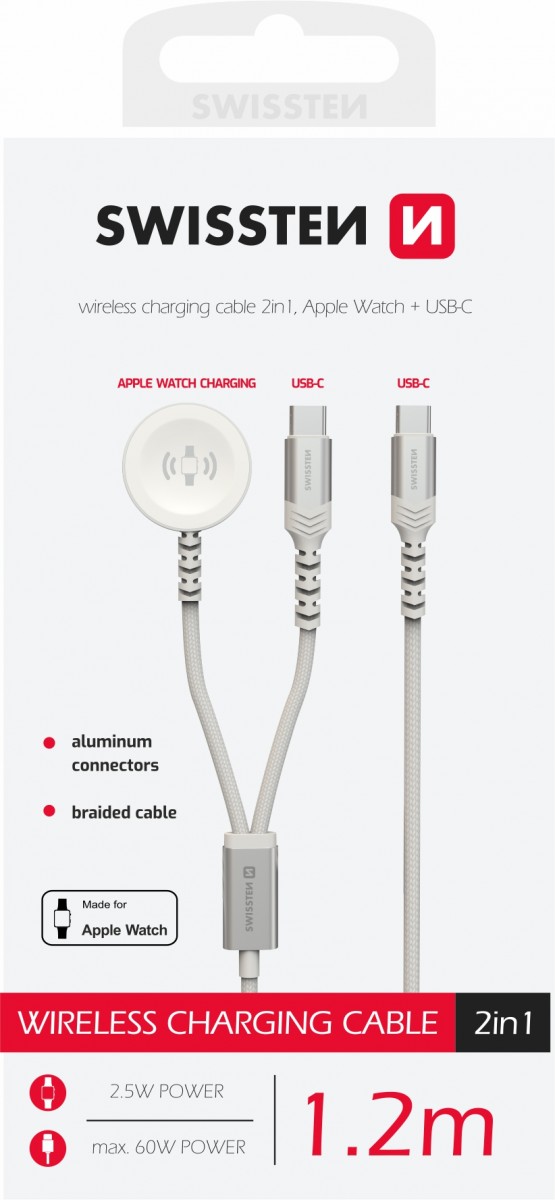 Levně Opletený magnetický kabel Swissten 2v1 pro Apple Watch a USB-C, USB-C 1.2 m bílý