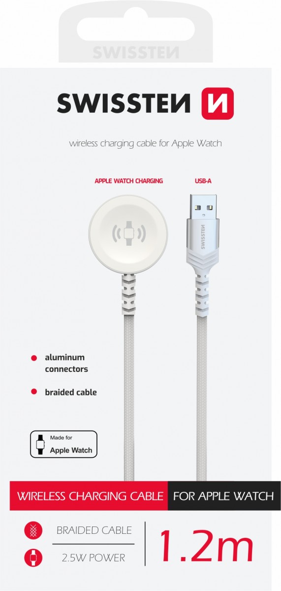 Levně Opletený magnetický kabel Swissten pro Apple Watch kovový, USB-A 1.2 m bílý