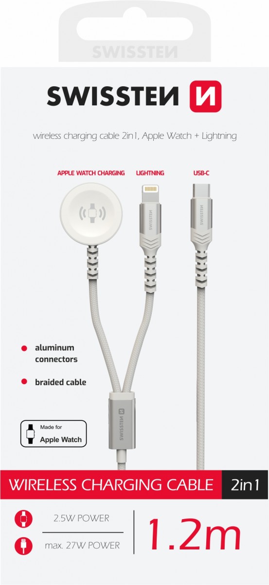 Levně Magnetický kabel opletený Swissten 2v1 pro Apple Watch a Lightning, USB-C 1.2 m bílý