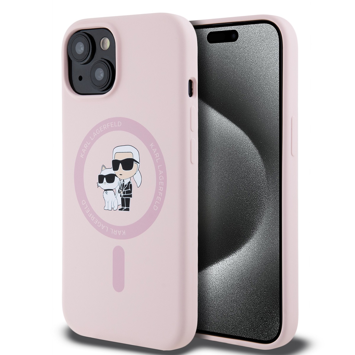 Levně Karl Lagerfeld Liquid Silicone Karl and Choupette Magsafe Zadní Kryt pro iPhone 15 Pink