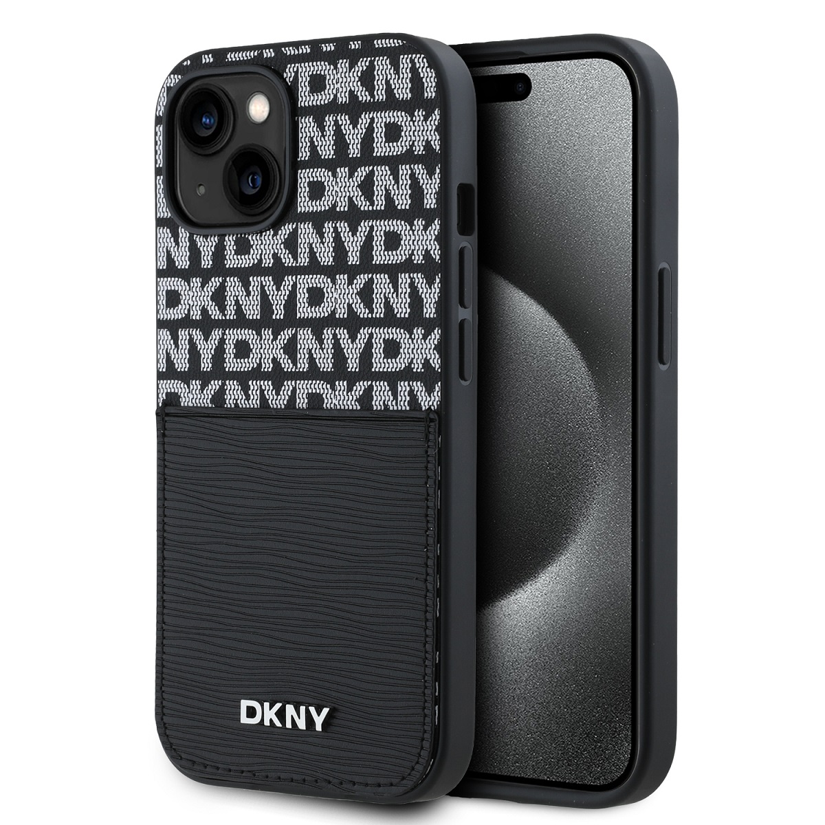 Levně Zadní Kryt DKNY PU Leather Repeat Pattern Card Pocket pro iPhone 15 Black