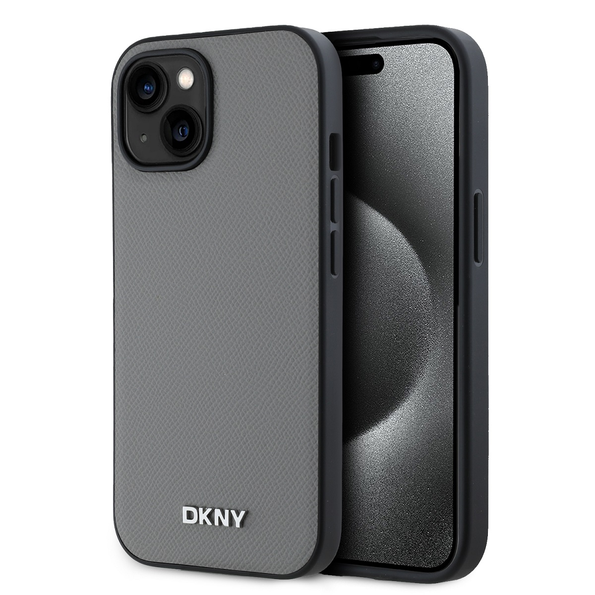 Levně Zadní Kryt DKNY PU Leather Silver Metal Logo Magsafe pro iPhone 14 Grey