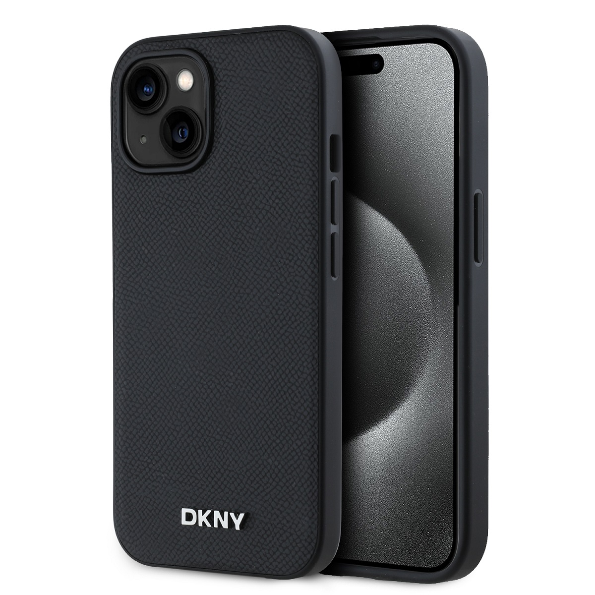 Levně Zadní Kryt DKNY PU Leather Silver Metal Logo Magsafe pro iPhone 13 černý