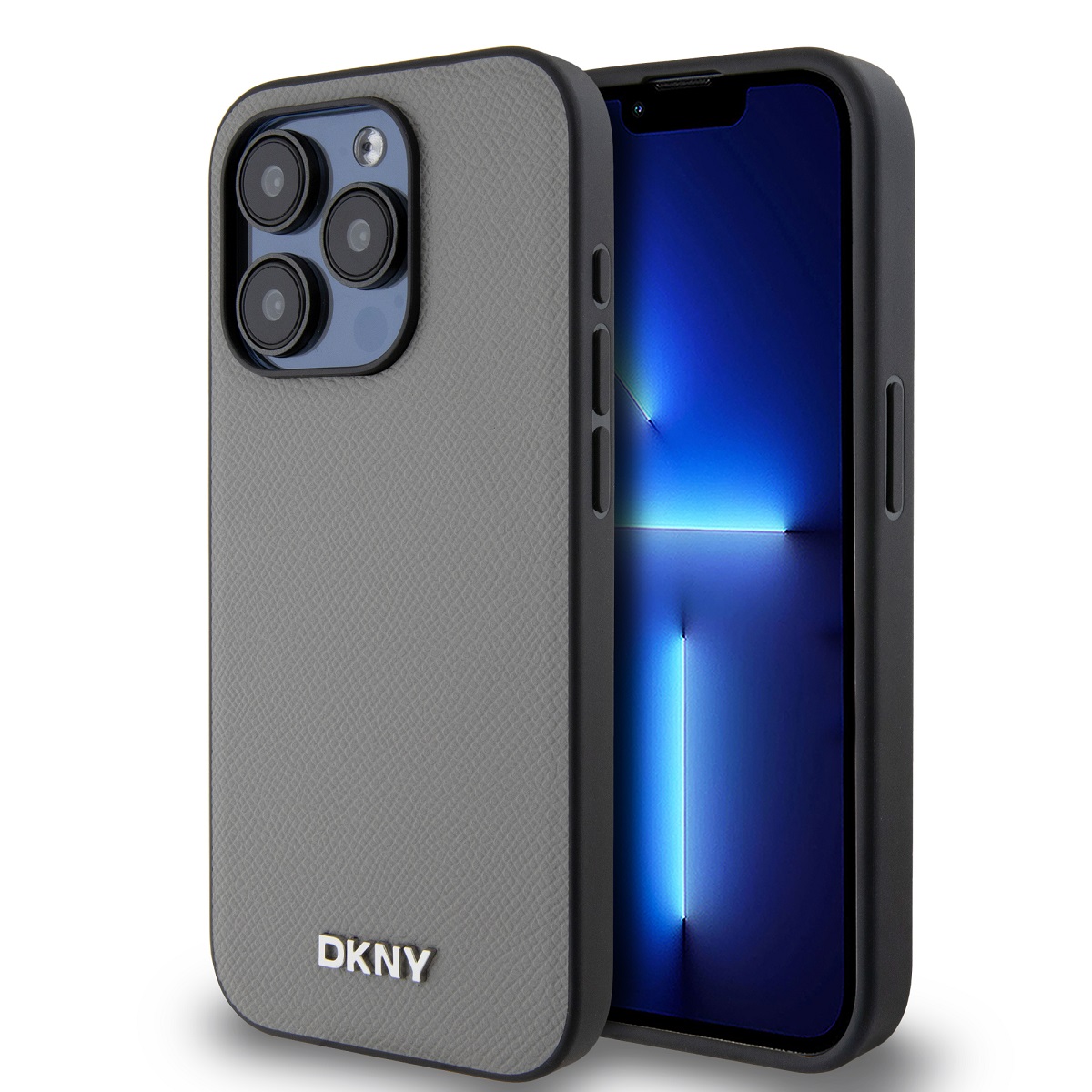 Levně Zadní Kryt DKNY PU Leather Silver Metal Logo Magsafe pro iPhone 14 Pro Grey