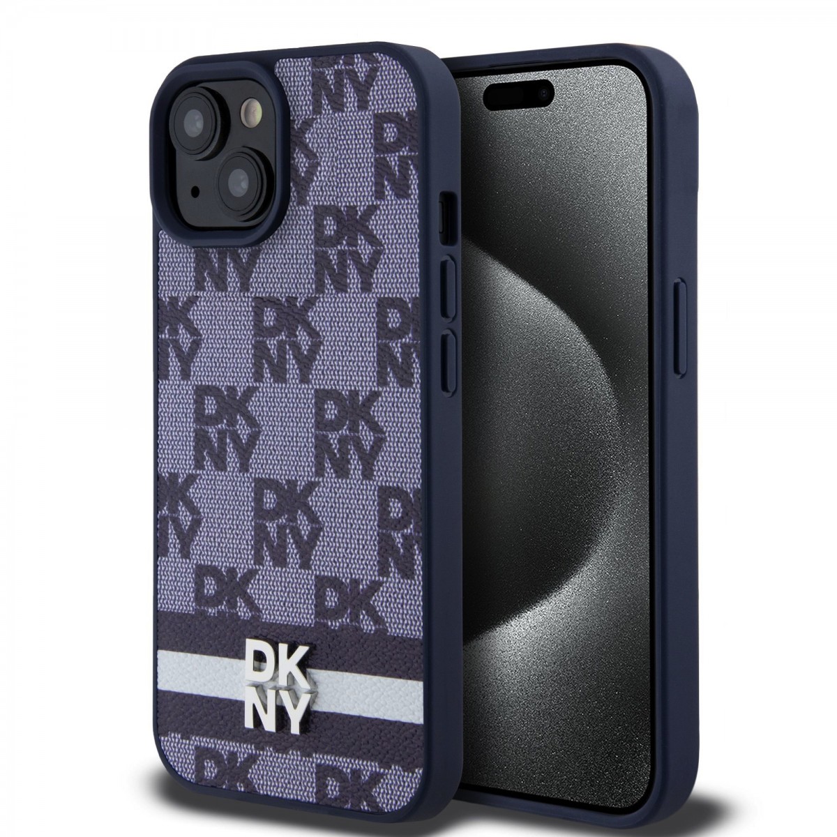 Levně Zadní Kryt DKNY PU Leather Checkered Pattern and Stripe pro iPhone 15 modrý