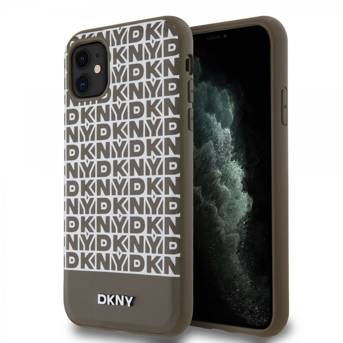 Levně Zadní Kryt DKNY PC/TPU Repeat Pattern Tonal Stripe Magsafe pro iPhone 11 hnědý