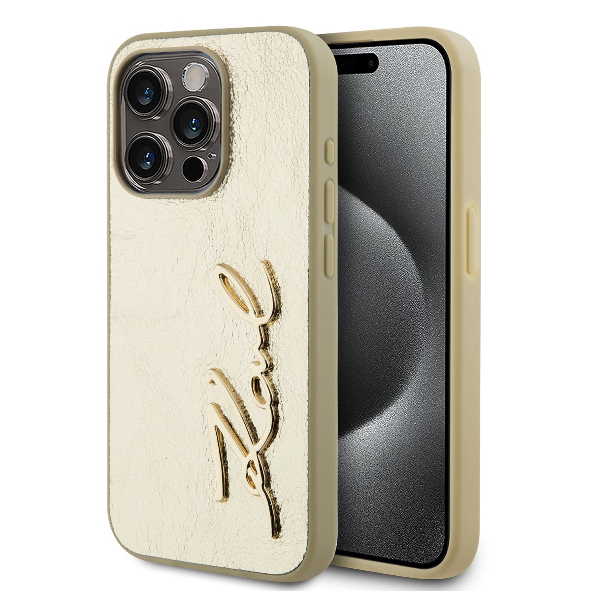 Levně Karl Lagerfeld Wrinkled PU Signature Logo Zadní Kryt pro iPhone 15 Pro Gold