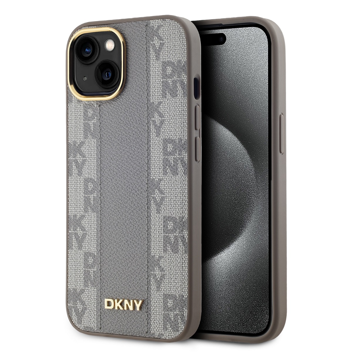 Levně Zadní Kryt DKNY PU Leather Checkered Pattern Magsafe na iPhone 15 Beige