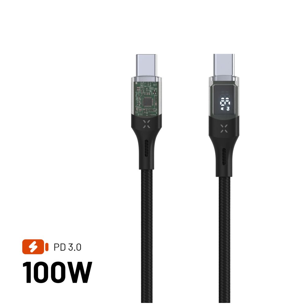 Levně Nabíjecí a datový kabel FIXED s displejem s konektory USB-C/USB-C a podporou PD, 2m, USB 2.0, 100W, černý