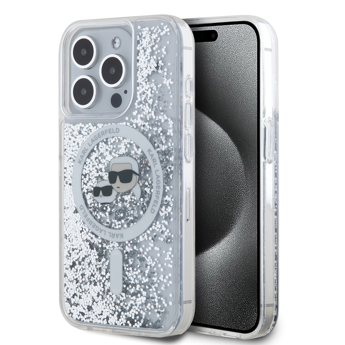 Levně Karl Lagerfeld Liquid Glitter Karl and Choupette Heads MagSafe Zadní Kryt pro iPhone 15 Pro Transparent