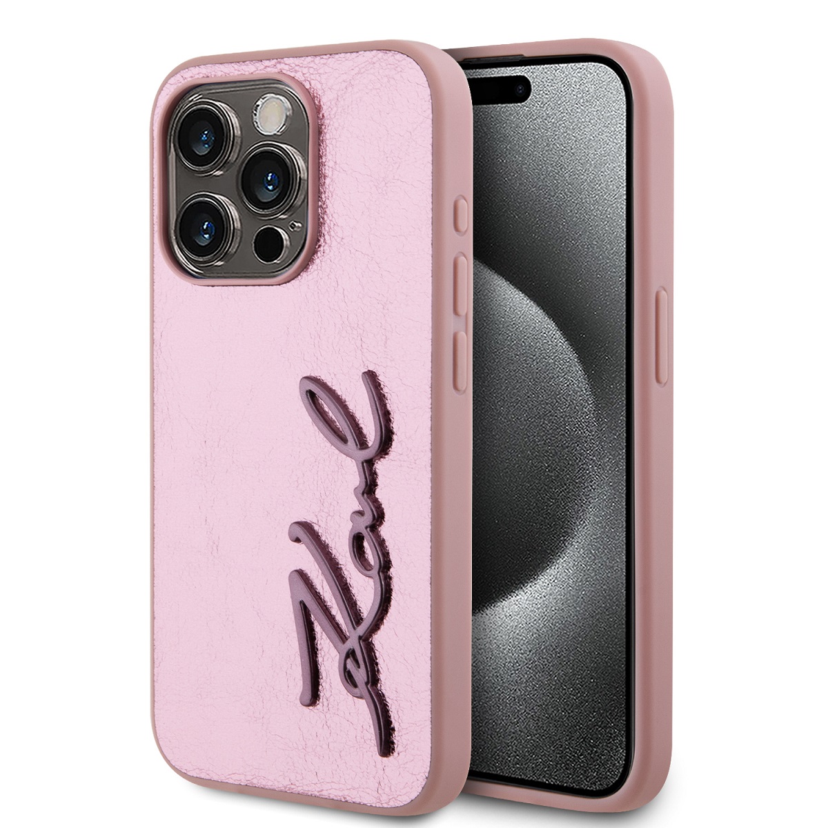 Levně Karl Lagerfeld Wrinkled PU Signature Logo Zadní Kryt pro iPhone 15 Pro Max Pink