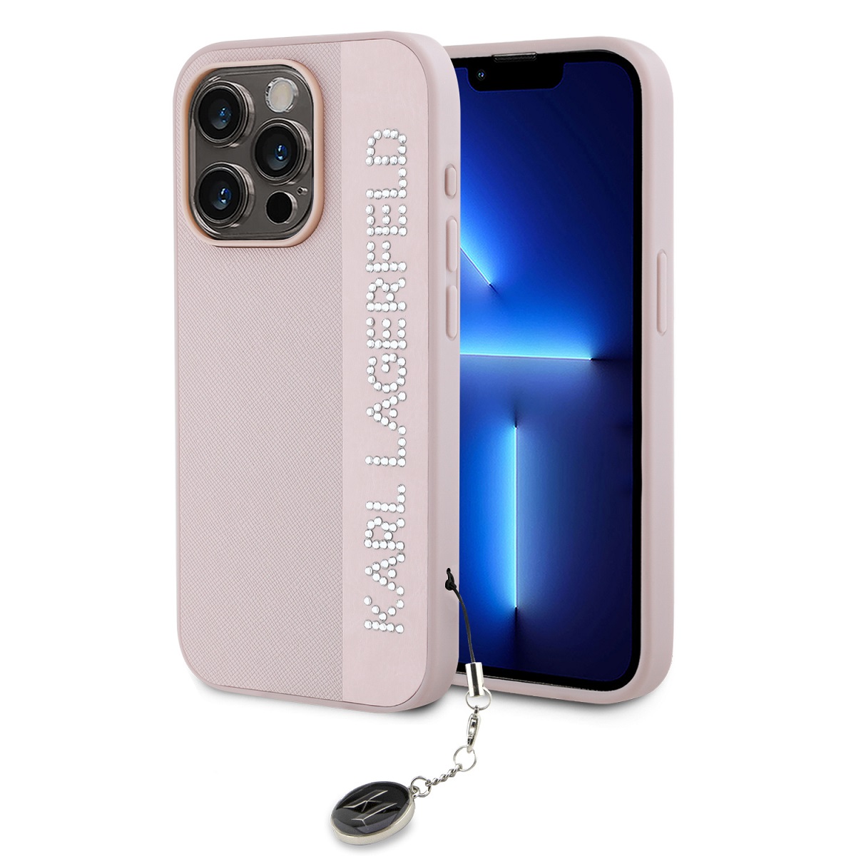 Levně Karl Lagerfeld PU Saffiano Rhinestone Charm Zadní Kryt pro iPhone 15 Pro Max Pink