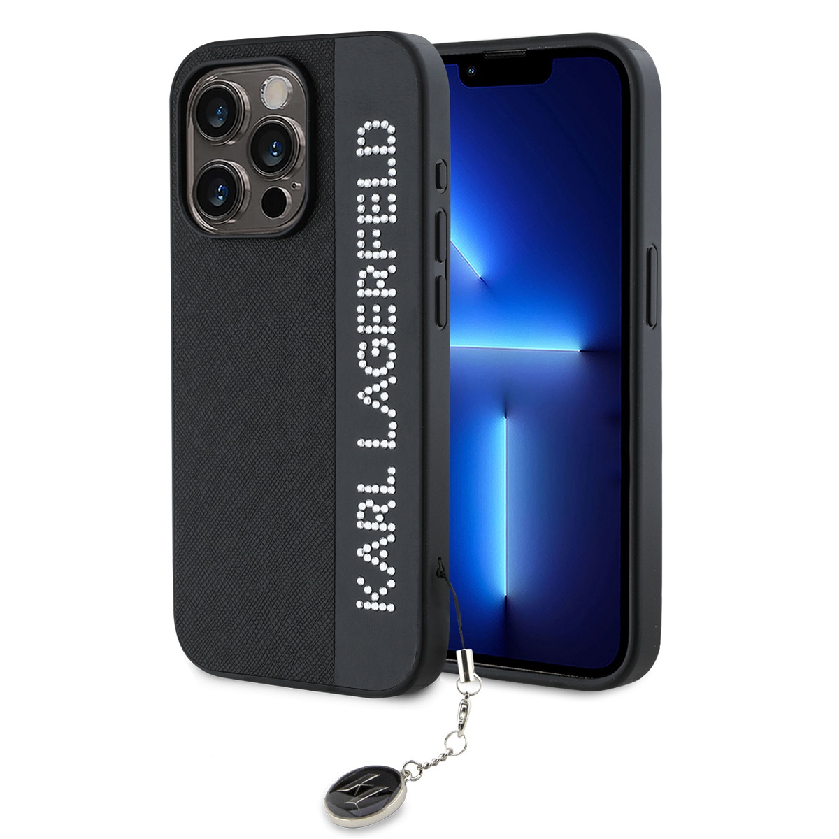 Levně Karl Lagerfeld PU Saffiano Rhinestone Charm Zadní Kryt pro iPhone 15 Pro Black