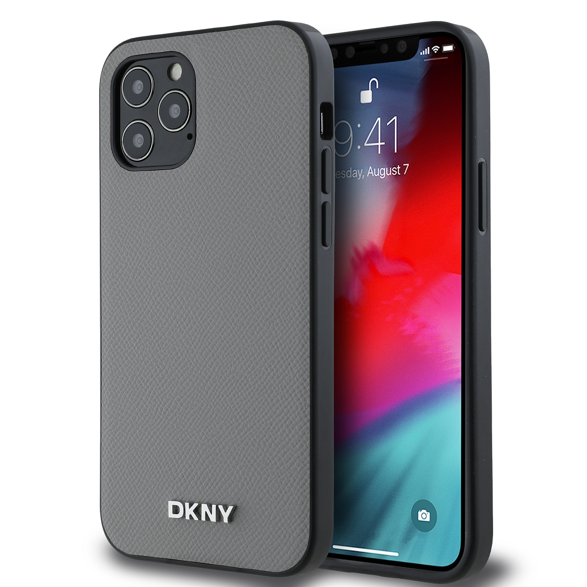 Levně DKNY PU Leather Silver Metal Logo Magsafe Zadní Kryt pro iPhone 12/12 Pro Grey