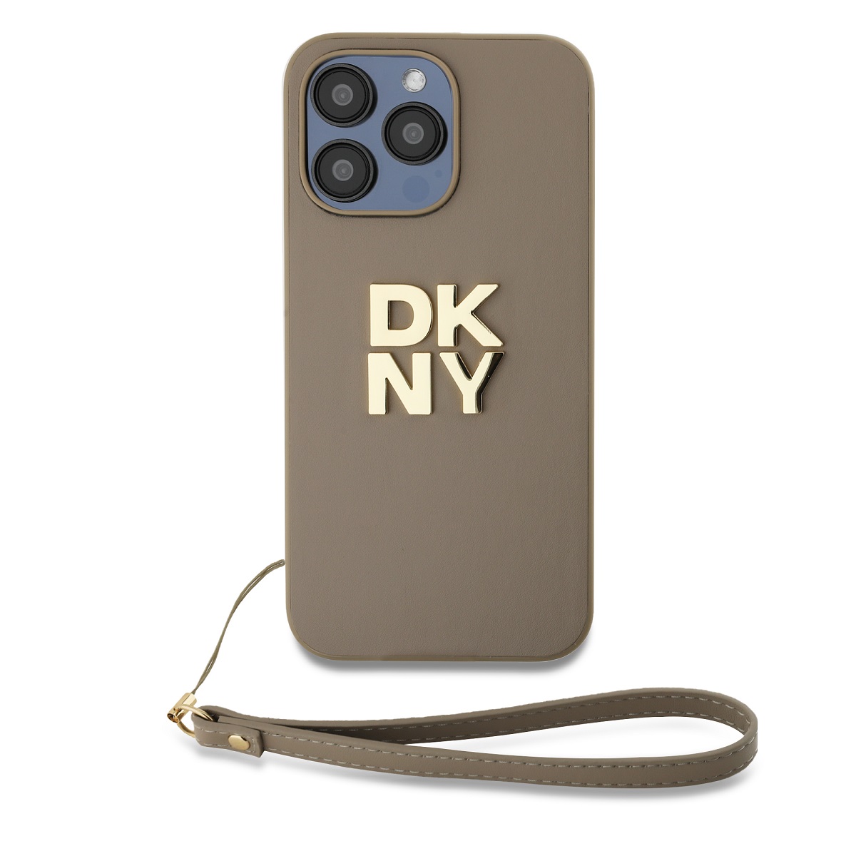 Levně DKNY PU Leather Stack Logo Wrist Strap Zadní Kryt pro iPhone 14 Pro Max Beige