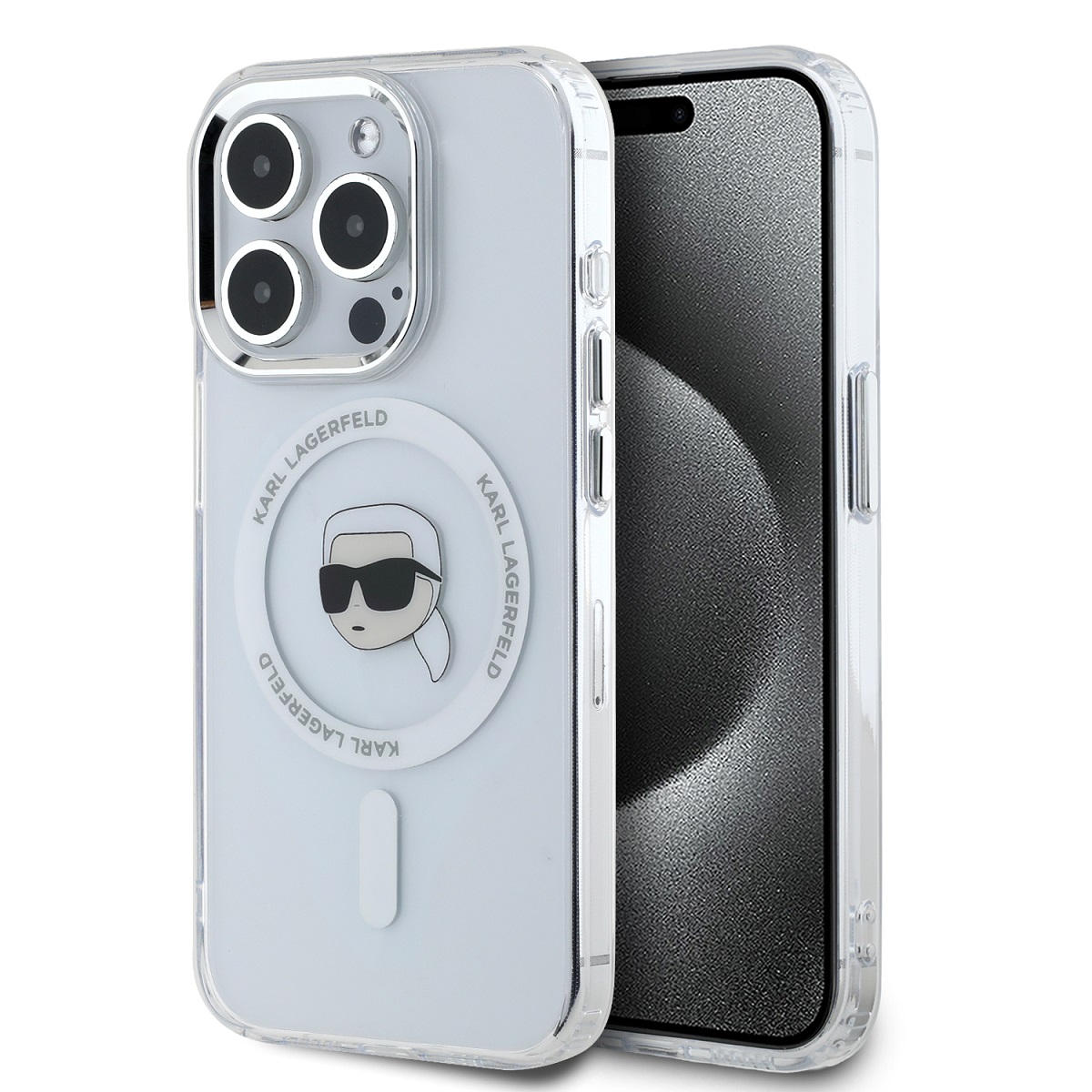 Levně Zadní kryt Karl Lagerfeld IML Karl Head Metal Frame MagSafe pro iPhone 15 Pro Transparent