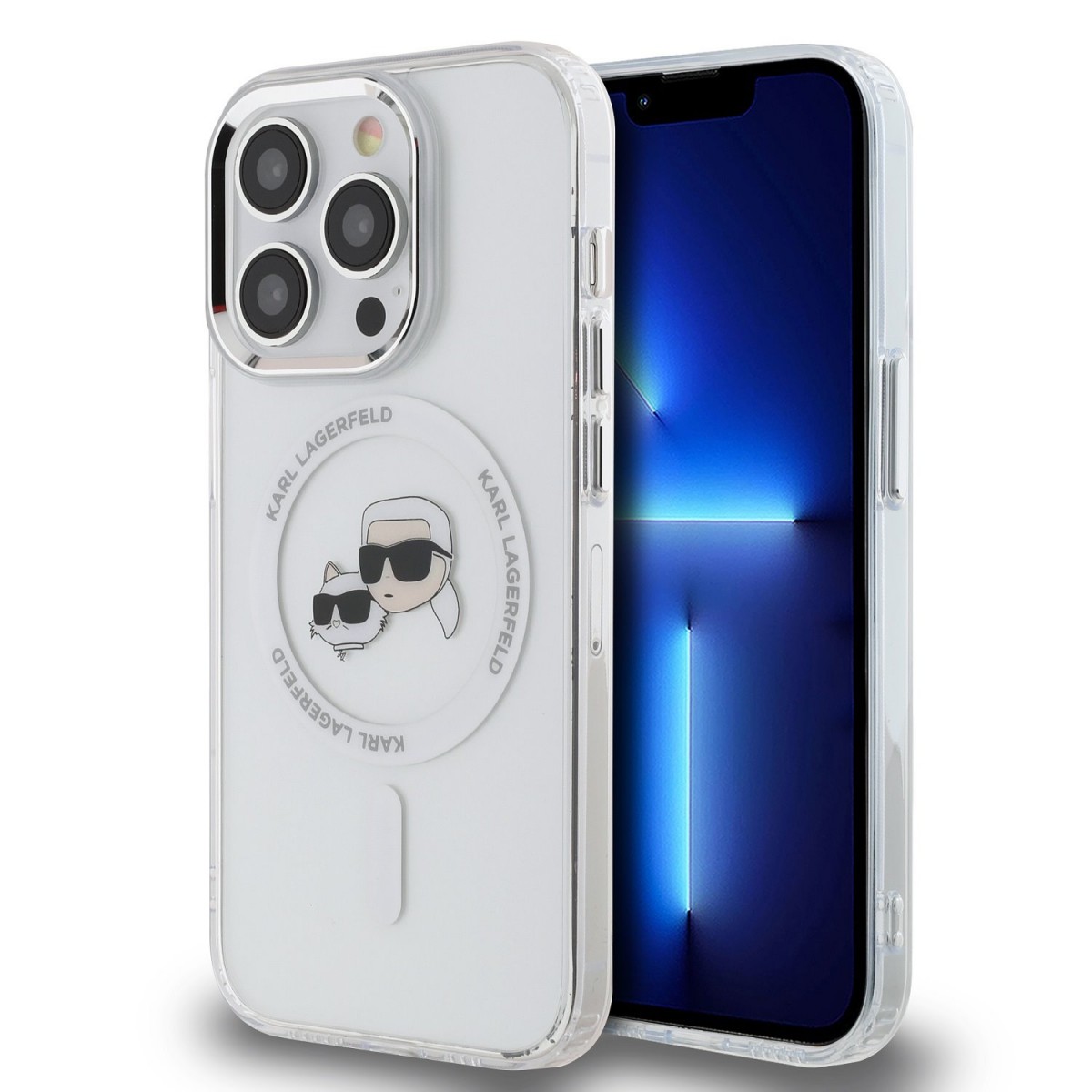 Levně Zadní kryt Karl Lagerfeld IML K&CH Heads Metal Frame MagSafe pro iPhone 15 Pro Transparent