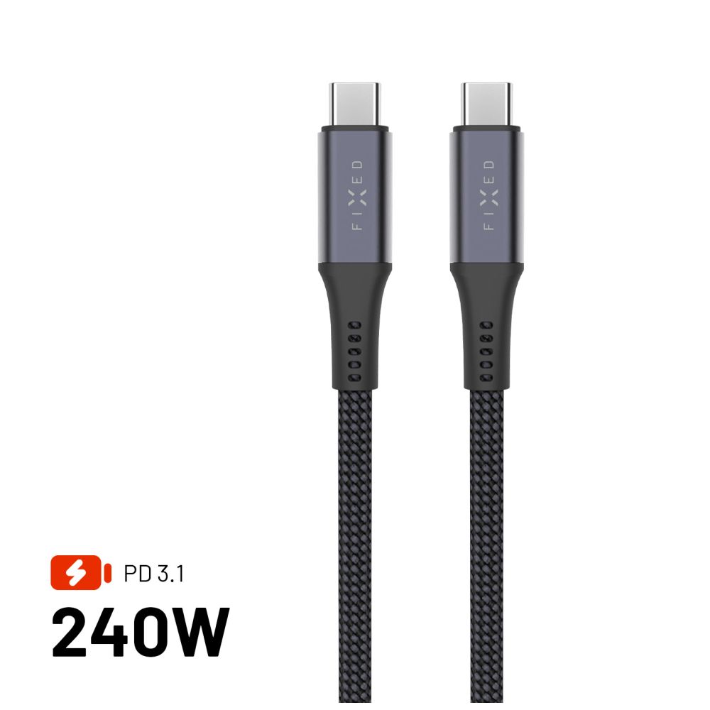Levně Dlouhý nabíjecí a datový opletený kabel FIXED s konektory USB-C/USB-C, PD 3.1, 2 m, USB4gen2 20Gbps, 4K60Hz, 240W, šedý
