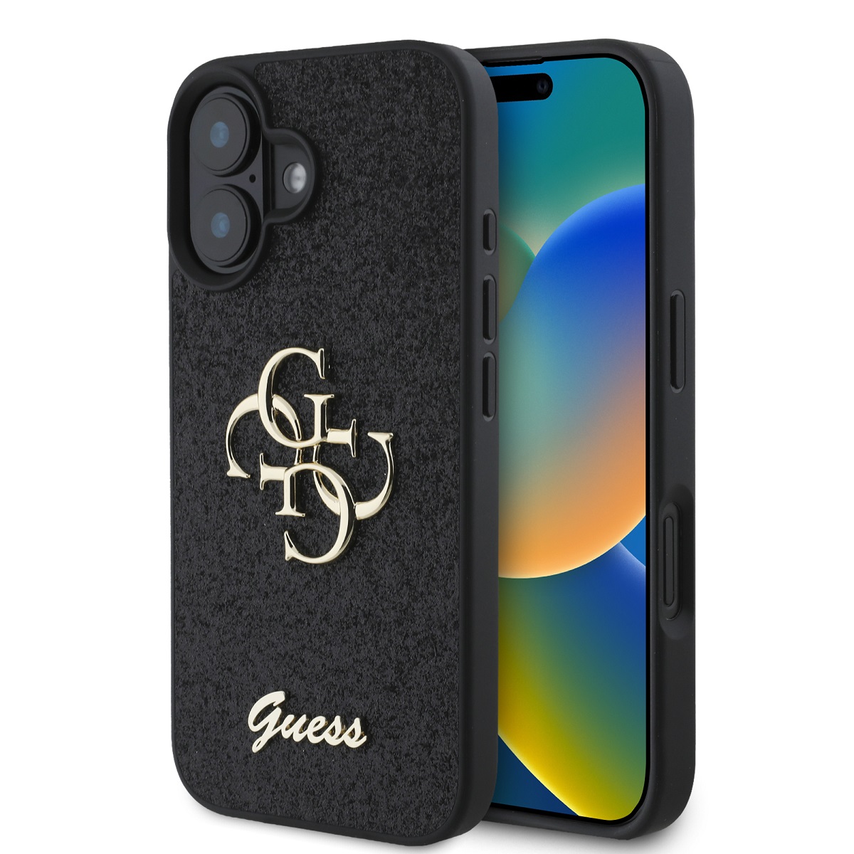 Levně Zadní kryt Guess PU Fixed Glitter 4G Metal Logo pro iPhone 16 Black