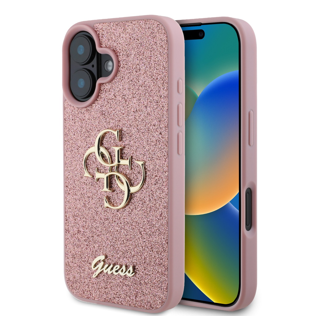 Levně Zadní kryt Guess PU Fixed Glitter 4G Metal Logo pro iPhone 16 Pink
