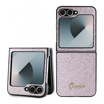 Originální zadní kryt Guess 4G Glitter Script GUHCZF6HGGSHP pro Samsung Galaxy Z Flip 6 růžový