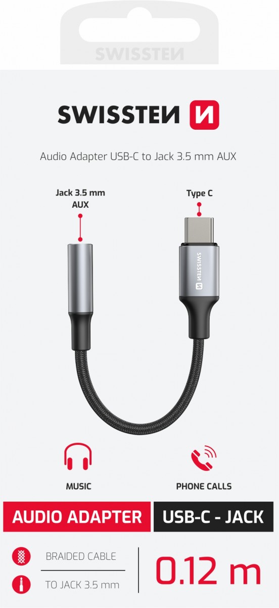 Levně Audio adaptér Swissten Textile USB-C - 3,5mm 0,15 m černý