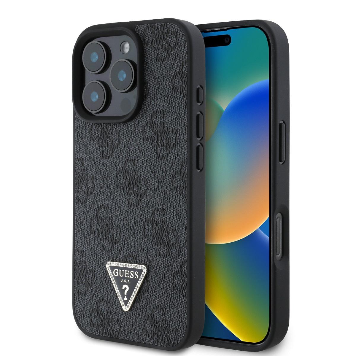 Levně Originální zadní kryt Guess PU 4G Strass Triangle Metal Logo pro iPhone 16 Pro Max Black