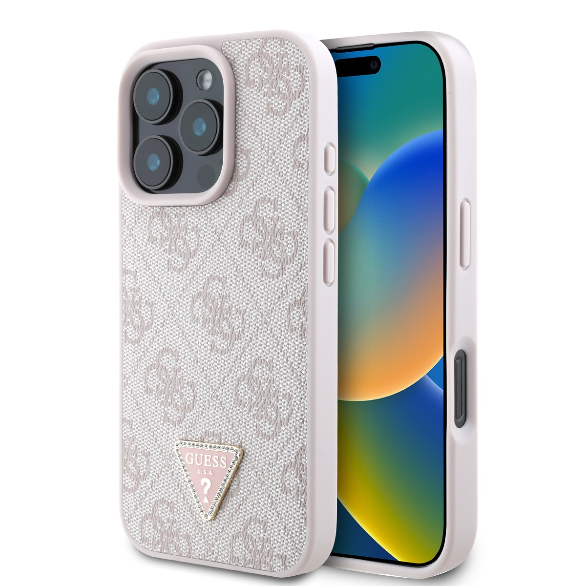 Levně Originální zadní kryt Guess PU 4G Strass Triangle Metal Logo Zadní Kryt pro iPhone 16 Pro Max Pink