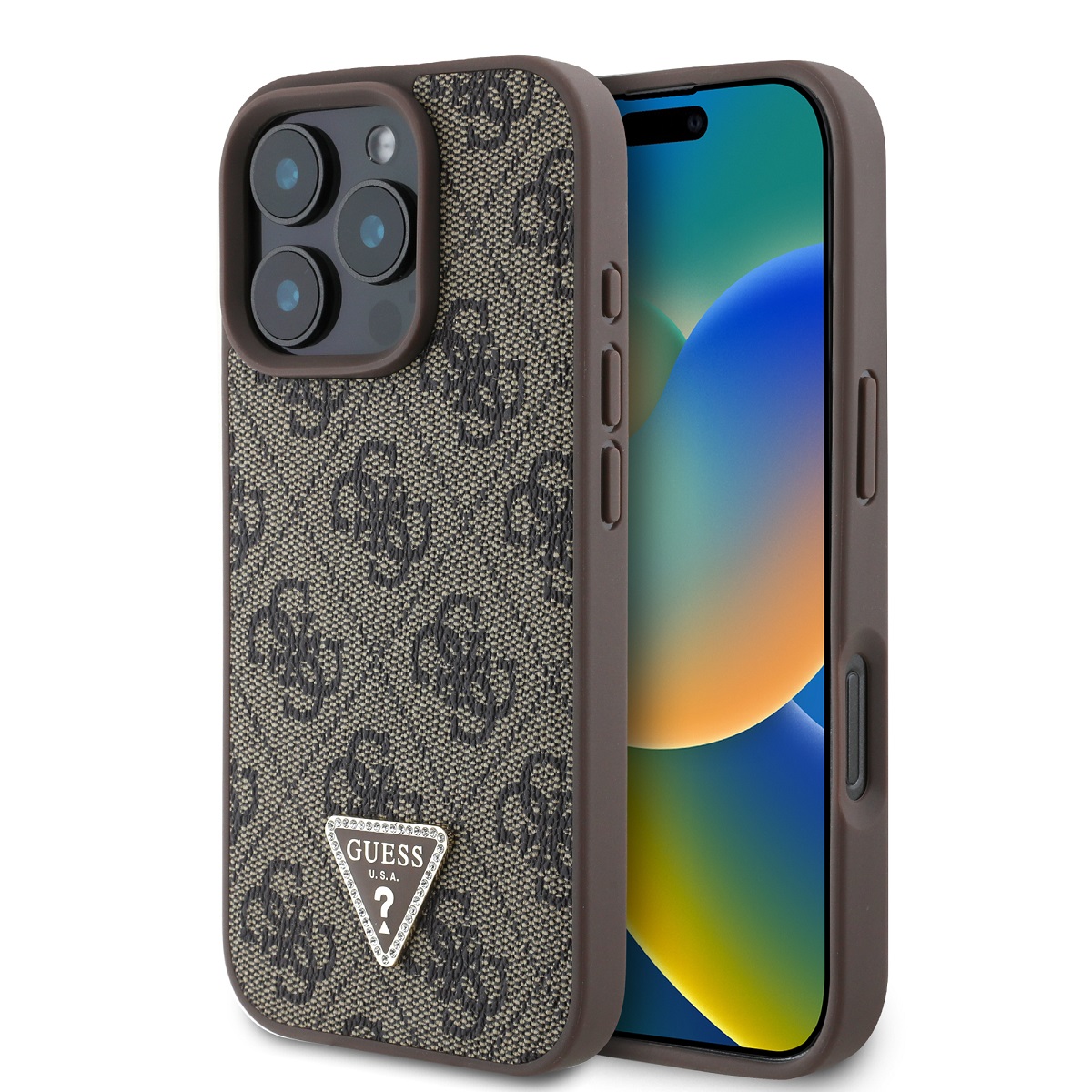 Levně Originální zadní kryt Guess PU 4G Strass Triangle Metal Logo pro iPhone 16 Pro Brown