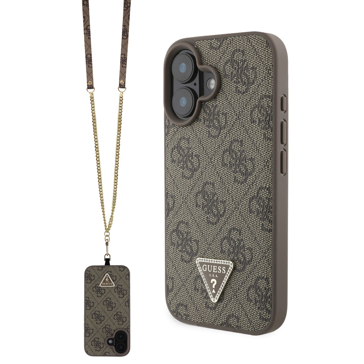 Levně Zadní kryt Guess PU 4G Strass Triangle Metal Logo + Crossbody Popruh pro iPhone 16 Brown