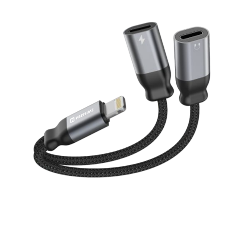 Levně Nabíjecí audio adaptér Swissten Textile Lightning - 2x Lightning 0,12 m černý