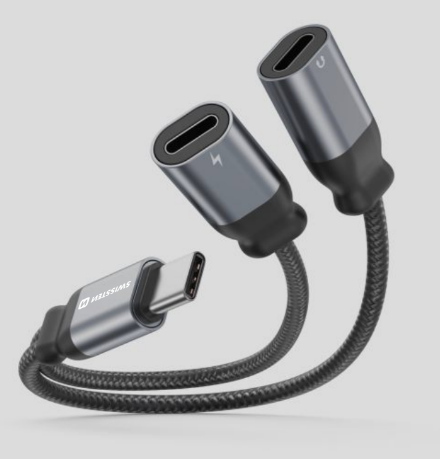 Levně Nabíjecí audio adaptér Swissten Textile USB-C - 2x USB-C 0,12 m černý