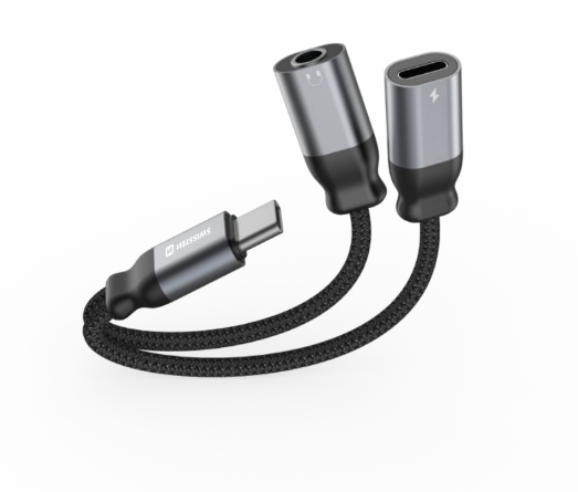 Levně Nabíjecí audio adaptér Swissten Textile USB-C - USB-C a 3,5mm aux 0,12m černý