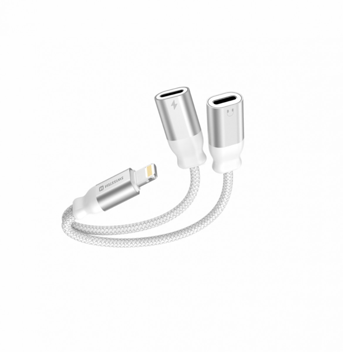 Levně Nabíjecí audio adaptér Swissten Lightning - 2x Lightning 0,12 m bílý