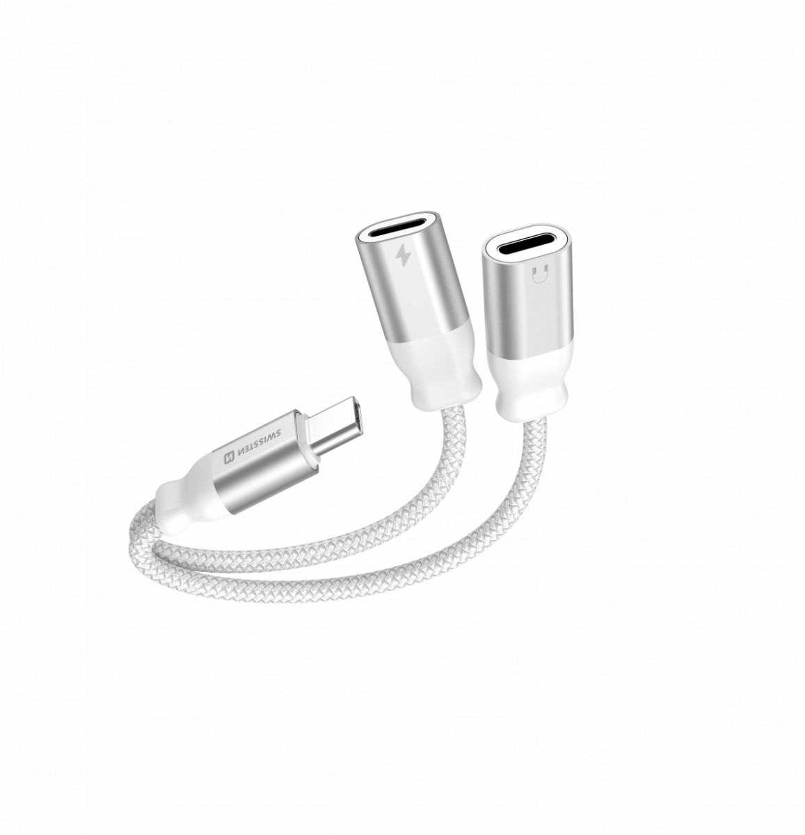 Levně Nabíjecí audio adaptér swissten USB-C - 2x USB-C 0,12 m bílý