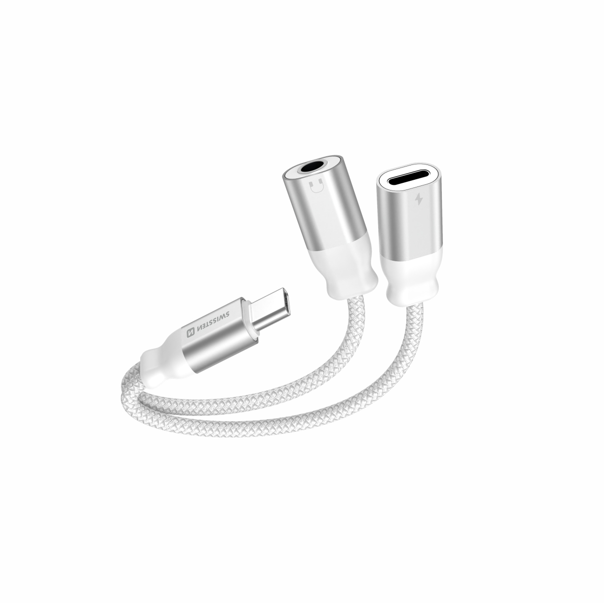 Levně Nabíjecí audio adaptér Swissten USB-C - USB-C a 3,5mm aux 0,12 m bílý