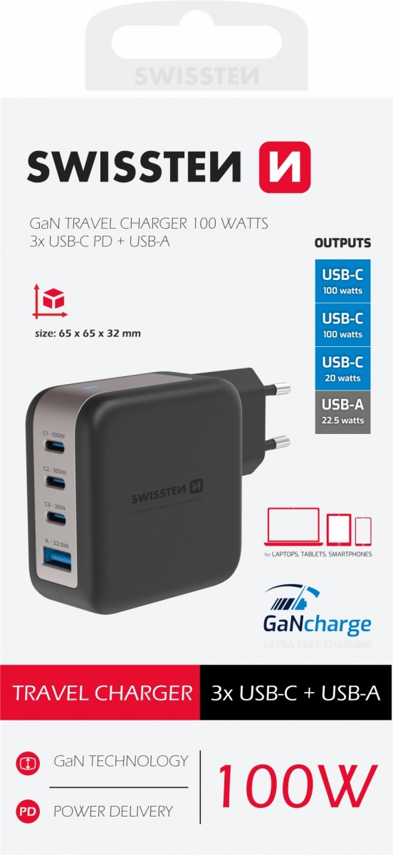 Levně Adaptér Swissten Gan 3x USB-C 100W PD + 1x USB-A 18W QC černý