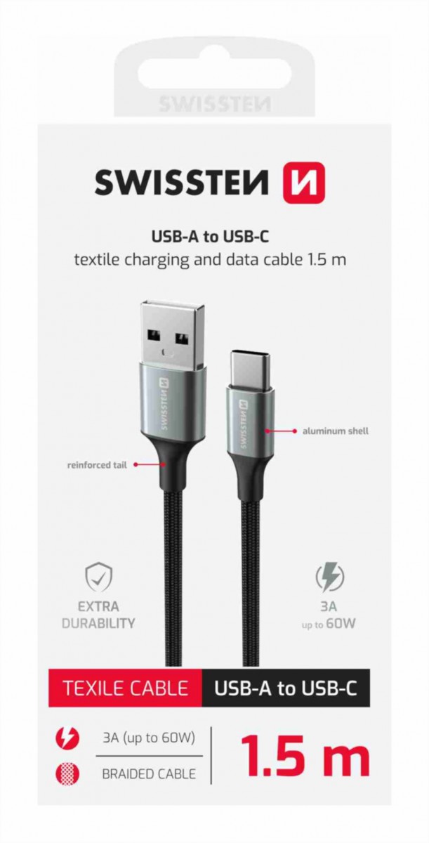Levně Datový kabel Swissten Textile II USB-A - USB-C 1,5 m černý