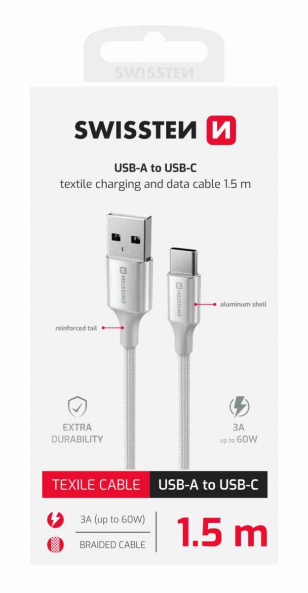 Levně Datový kabel Swissten Textile II USB-A - USB-C 1,5 m bílý