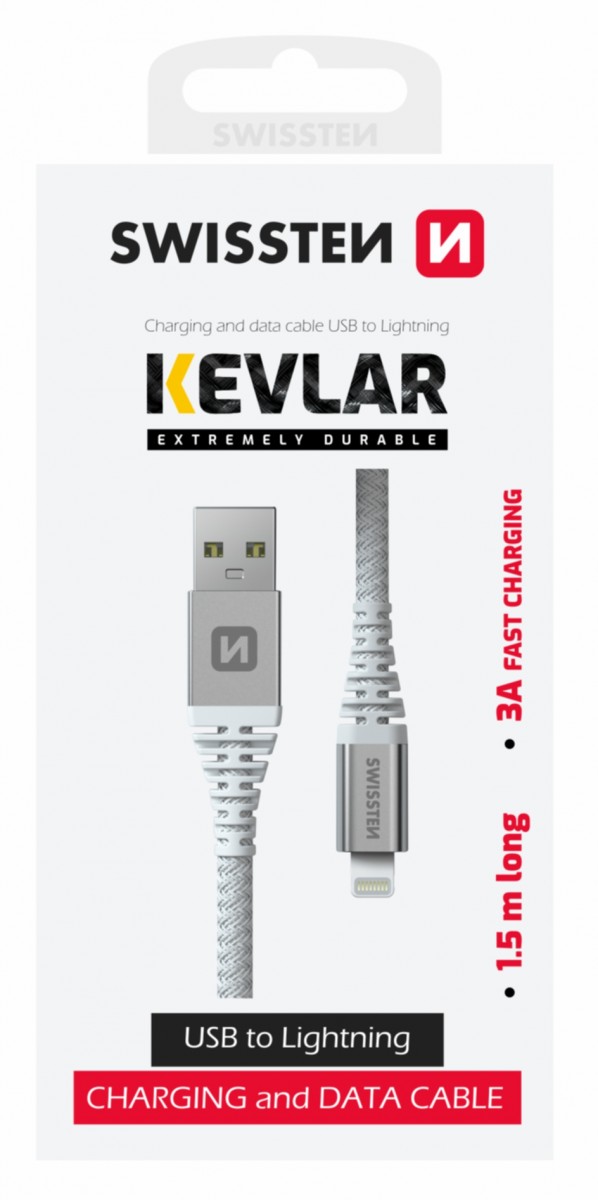 Levně Datový kabel Swissten Kevlar USB-A - Lightning 1,5 m bílý