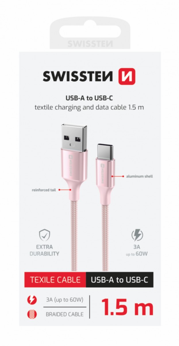 Levně Datový kabel Swissten Textile II USB-A - USB-C 1,5 m růžový