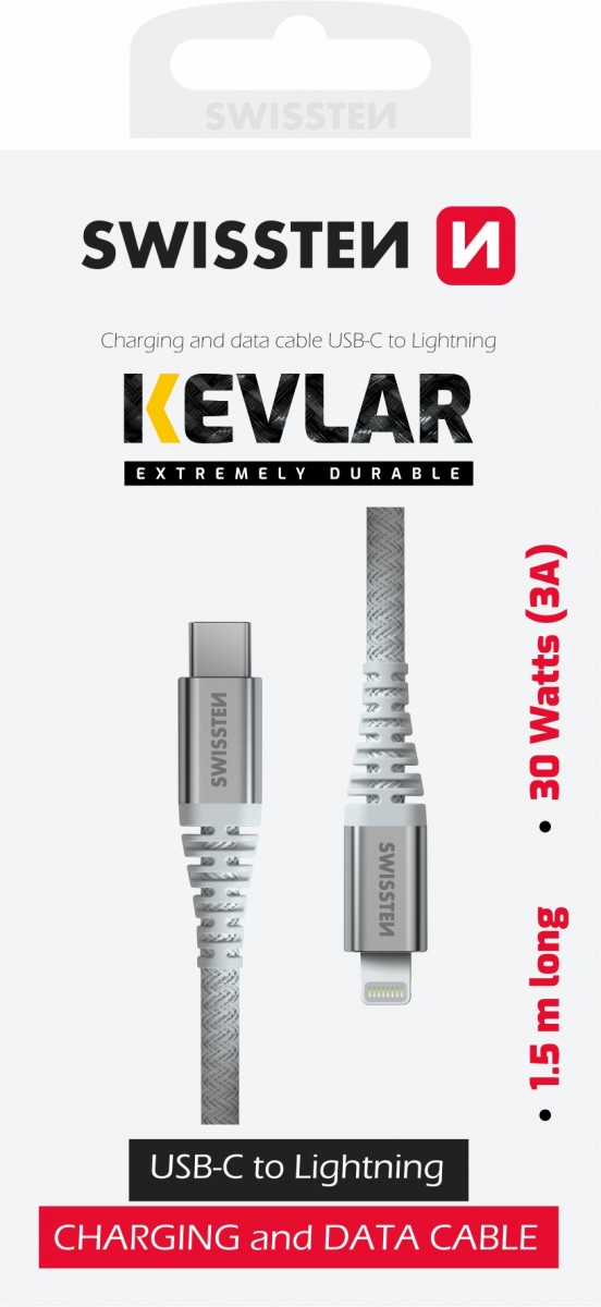 Levně Datový kabel Swissten Kevlar USB-C - Lightning 1,5 m bílý