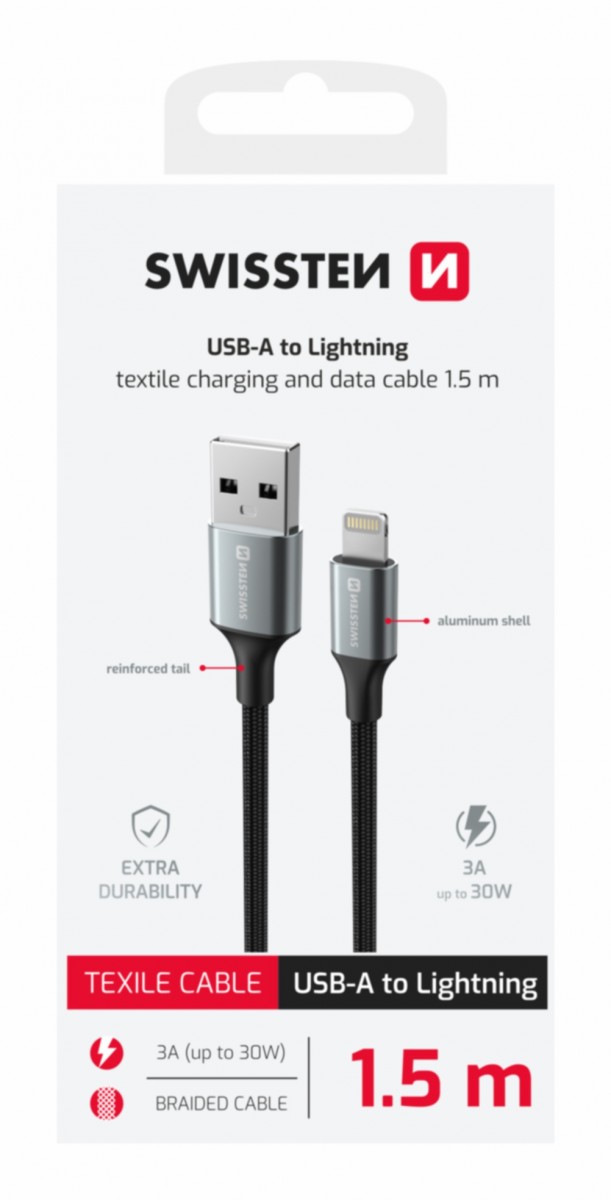 Levně Datový kabel Swissten Textile II USB-A - Lightning 1,5 m černý