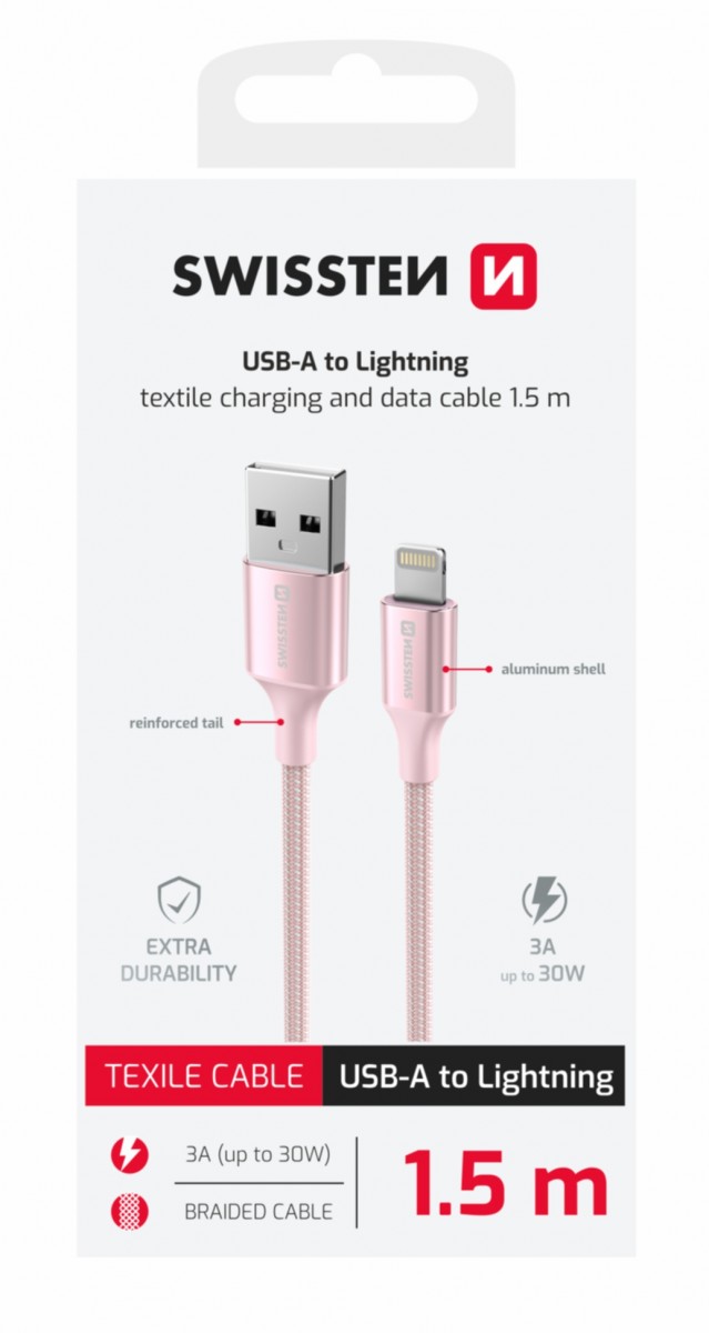 Levně Datový kabel Swissten Textile II USB-A - lightning 1,5 m růžový