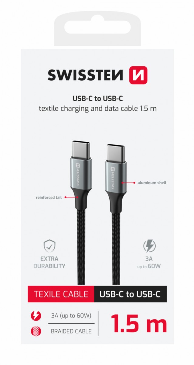 Levně Datový kabel Swissten Textile II USB-C - USB-C 1,5 m černý