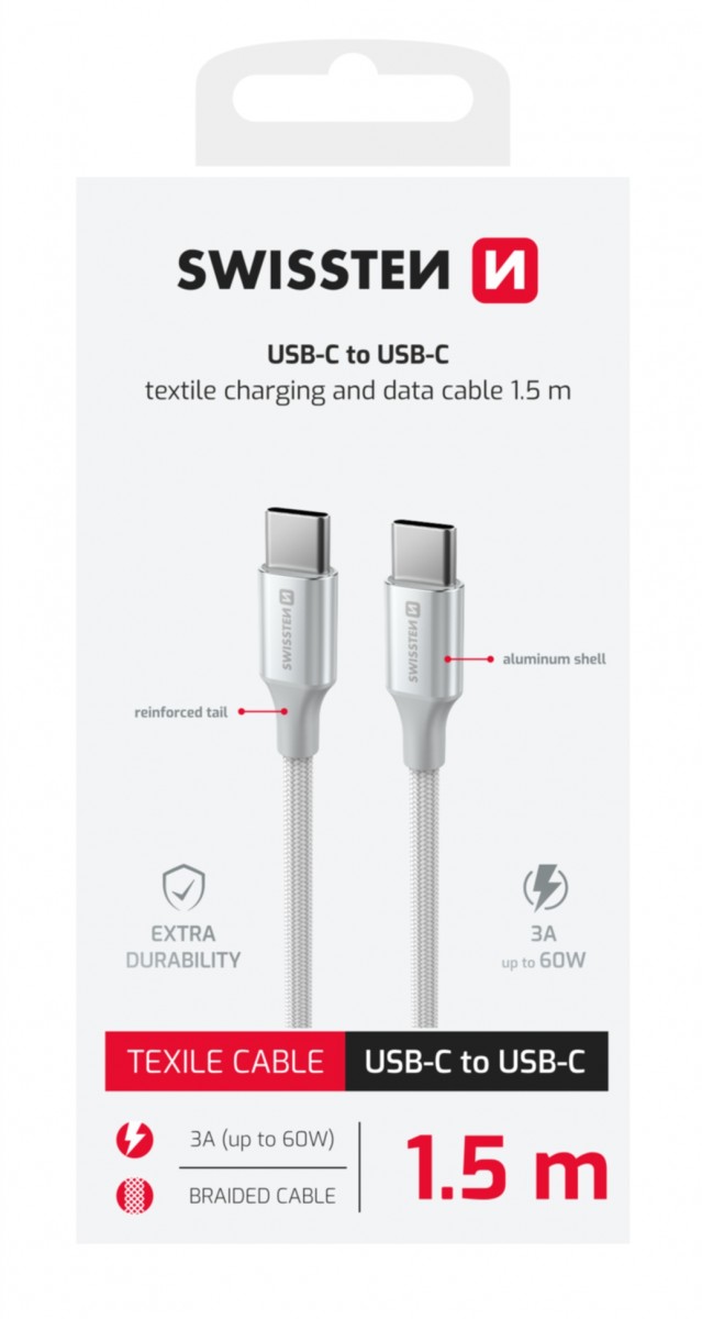 Levně Datový kabel Swissten Textile II USB-C - USB-C 1,5 m bílý