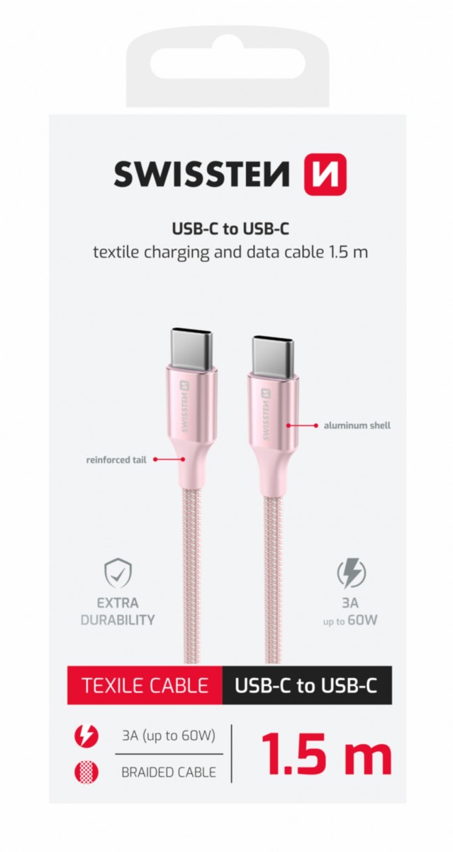 Levně Datový kabel Swissten Textile II USB-C - USB-C 1,5 m růžový