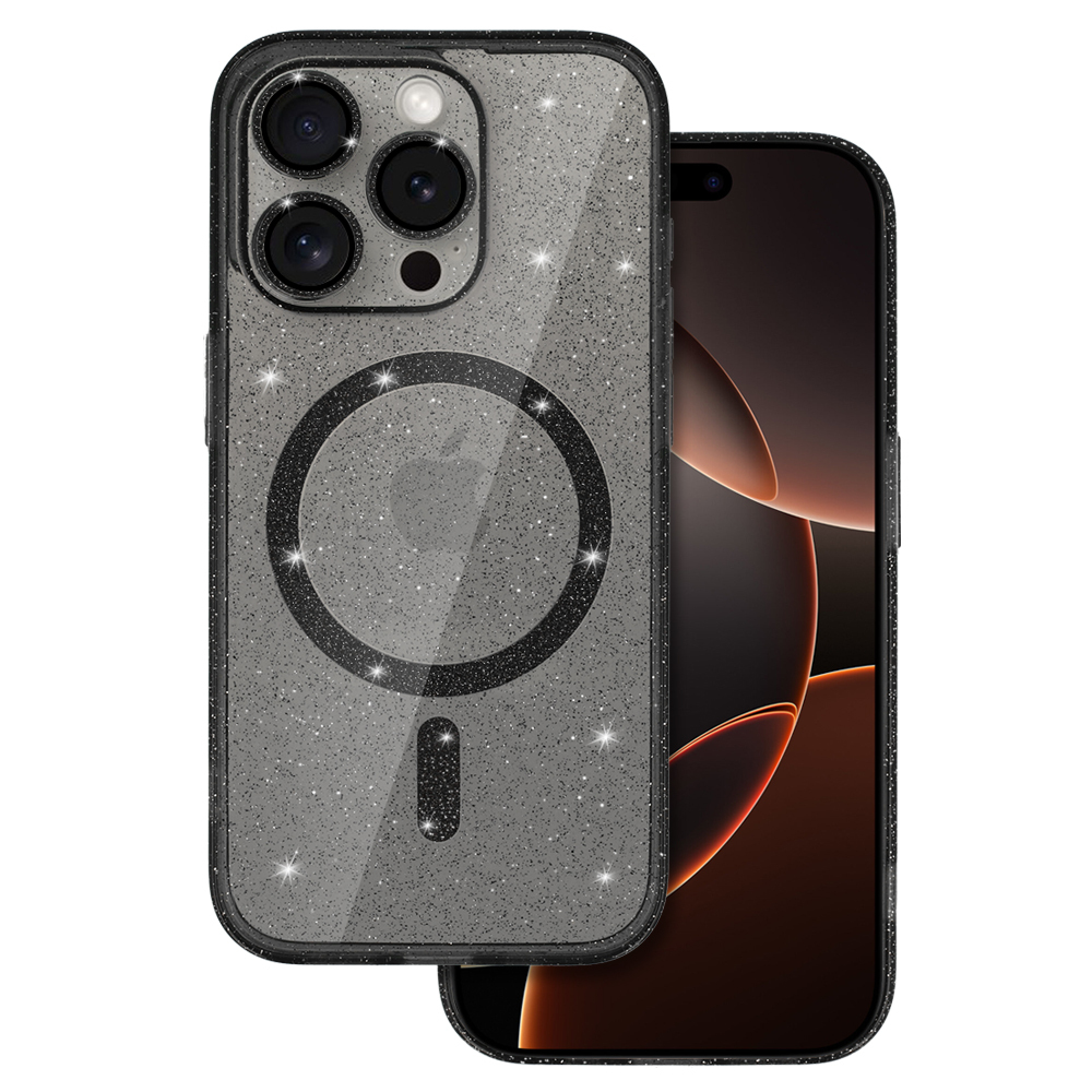 Levně Zadní kryt Glitter Magsafe pro iPhone 16 Pro černý čirý